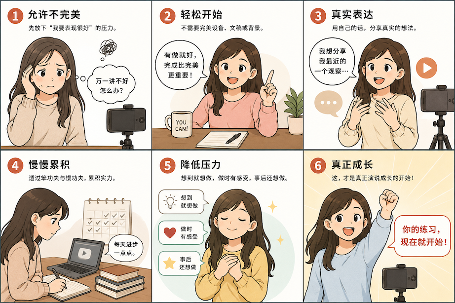前五个视频练习重点：允许不完美、轻松开始、真实表达、慢慢累积、降低压力、真正成长
