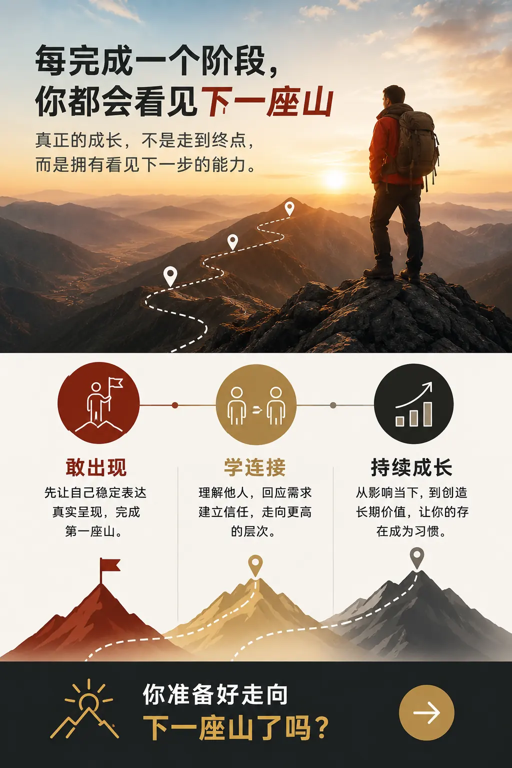 每完成一个阶段，你都会看见下一座山