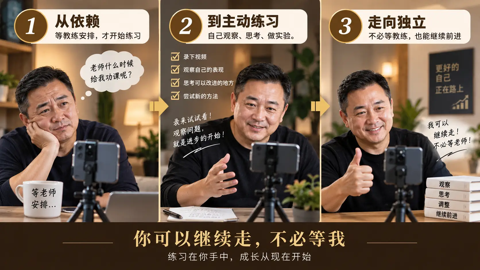 从等待教练安排，到主动自主练习，再走向独立前进